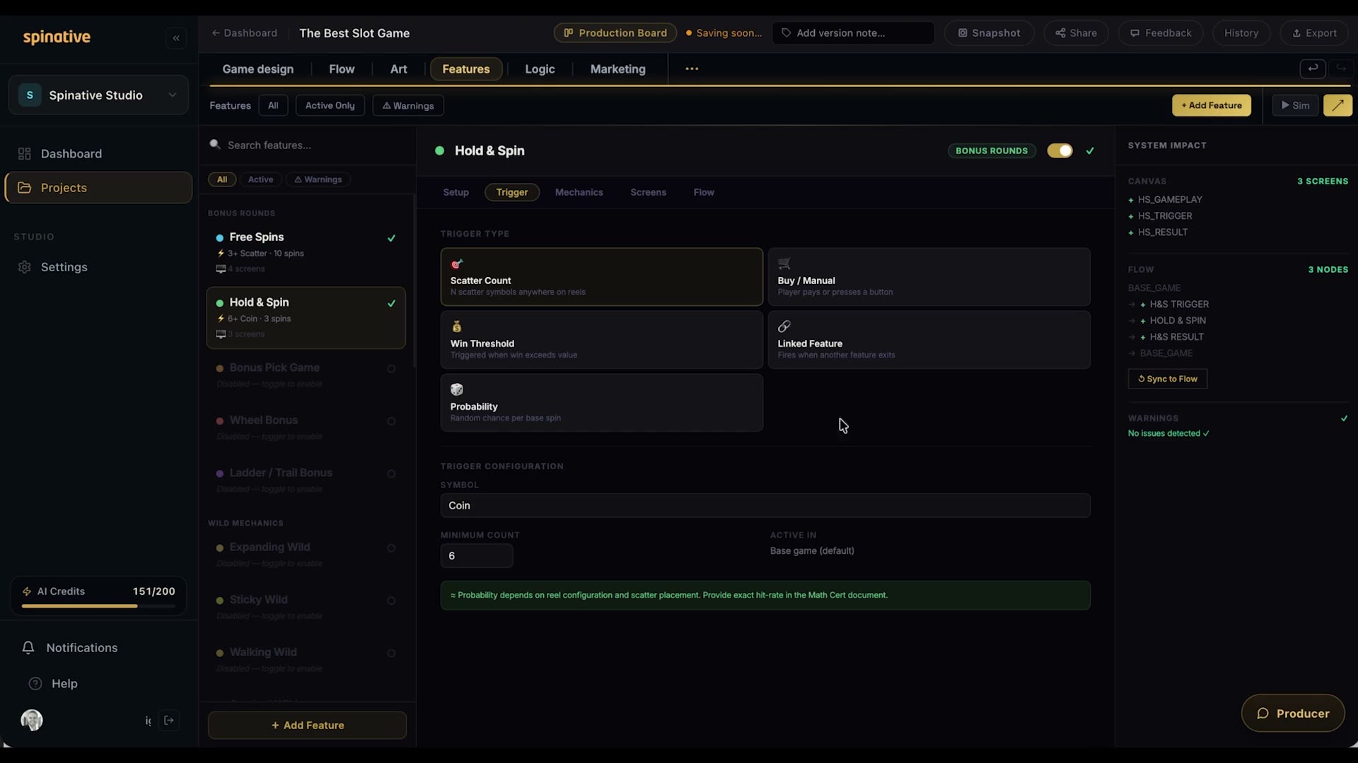 Spinative editor — Features workspace with Hold & Spin trigger configuration