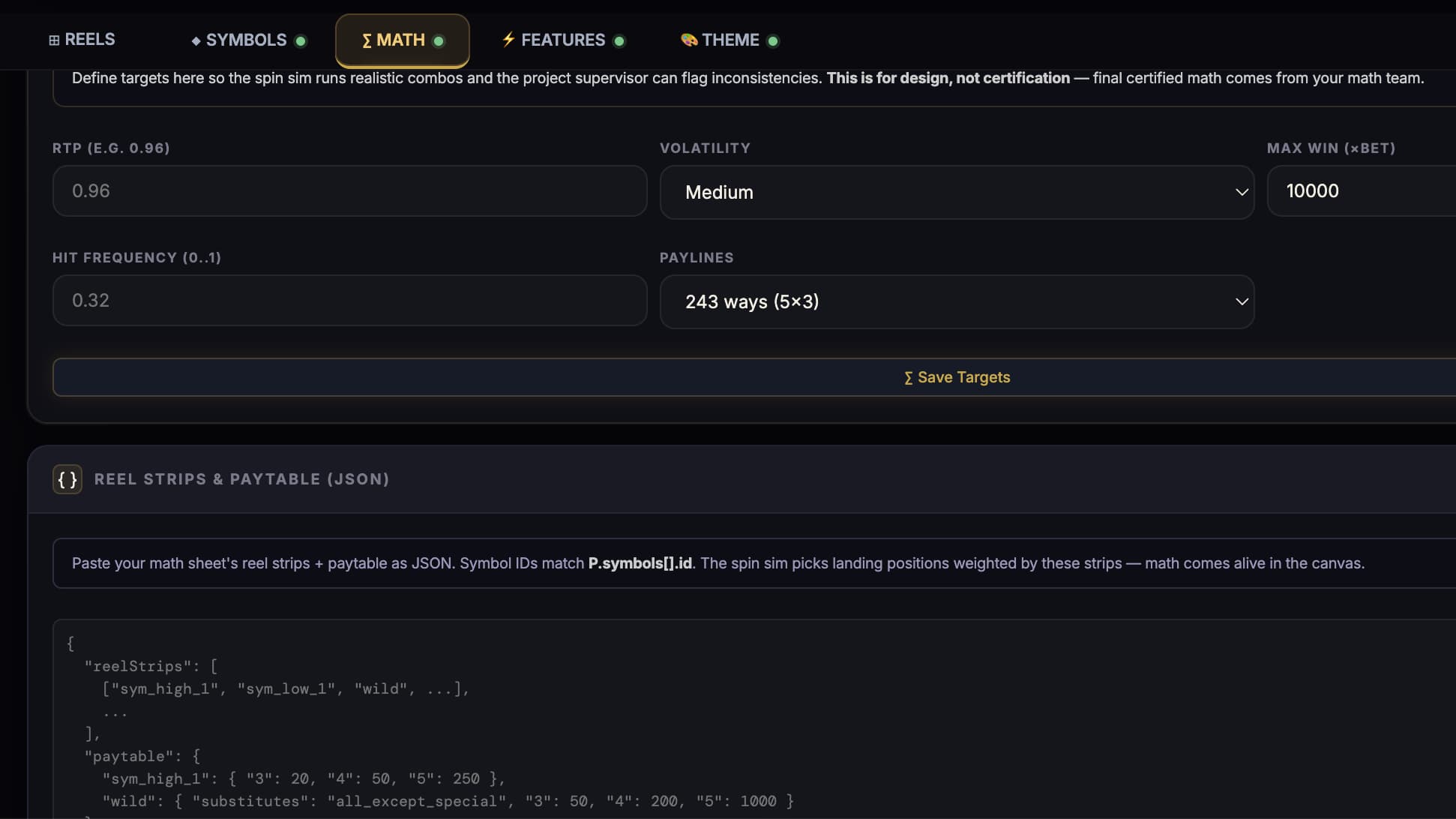 Spinative Math workspace — feature node graph linking bonuses, multipliers and respins